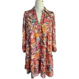 Umgee Floral Tiered Boho Dress Multicolor Long Sleeve Collared Tunic Dress M